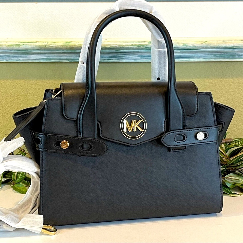 NWT MICHAEL KORS CARMEN MEDIUM FLAP SATCHEL SHOULDER BAG MK BLACK VEGAN LEATHER - Picture 2 of 11